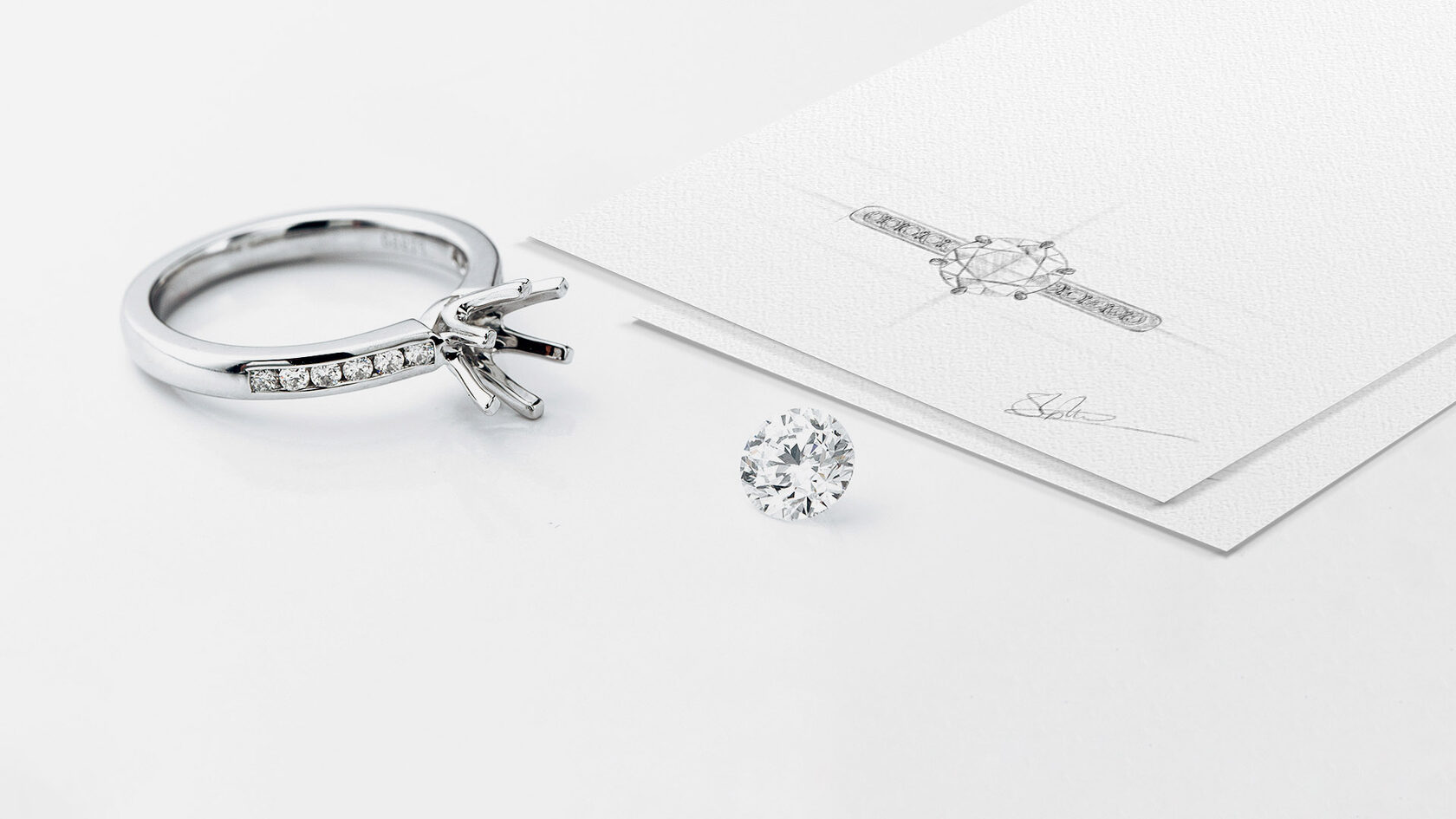 A bespoke jewelry sketch showing the center stone and ring structure
